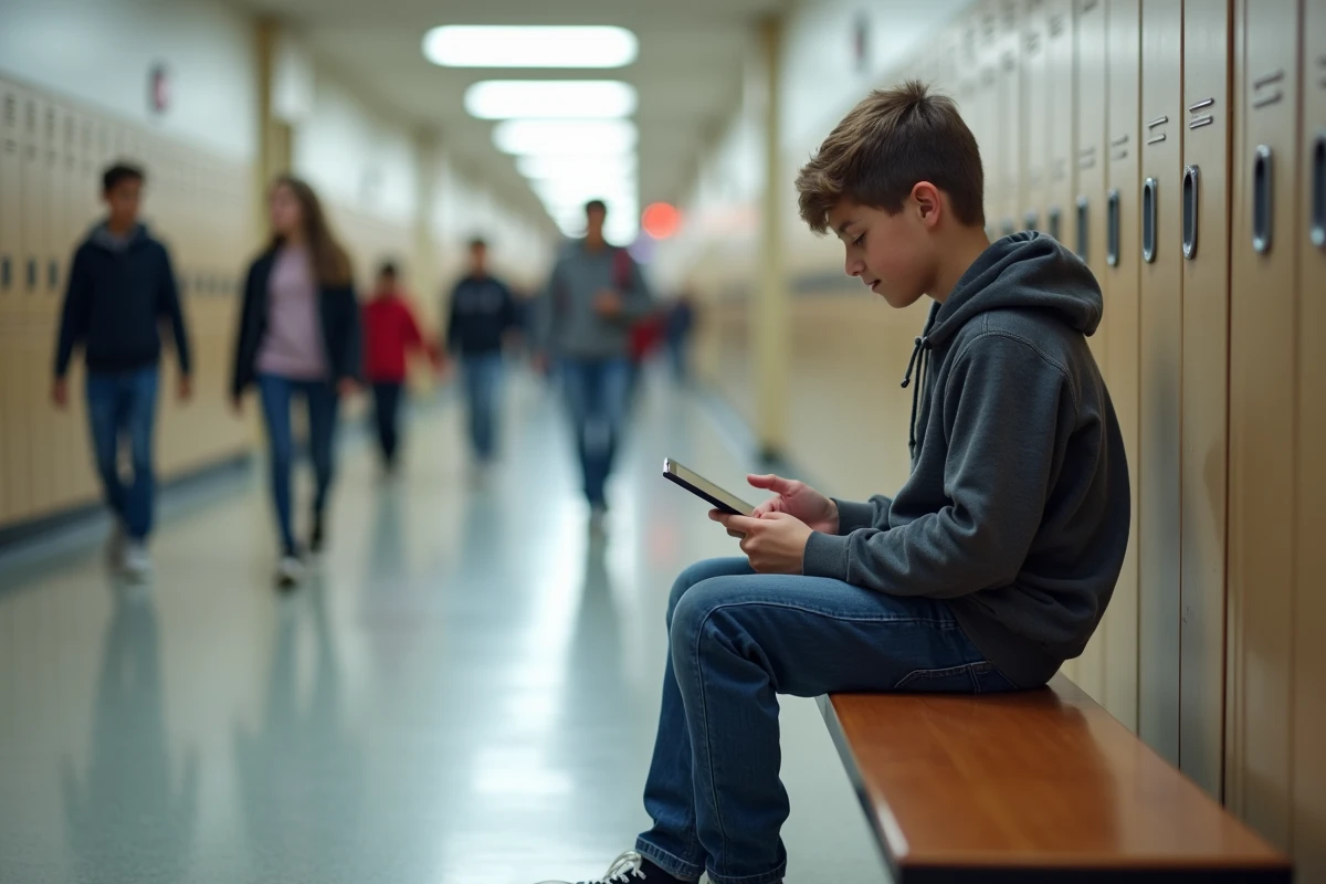 Adolescent en hoodie utilise une tablette dans le couloir