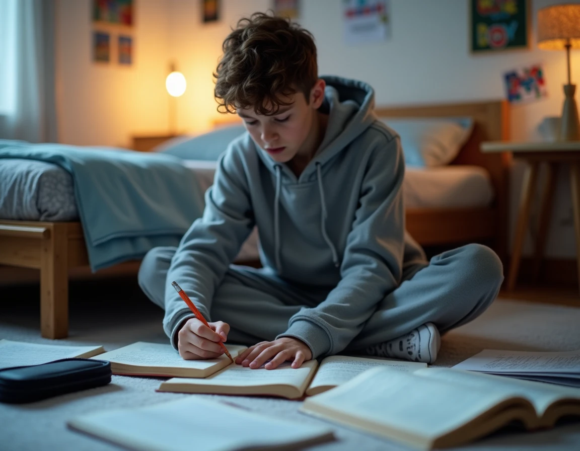 Adolescent révisant la ponctuation française assis par terre entouré de livres et de feuilles d'exercices