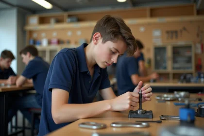 Adolescent en stage professionnel dans un atelier de formation, apprenant un métier manuel dans le cadre d'une orientation SEGPA