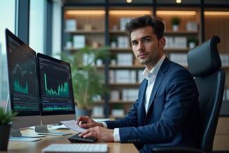 Jeune analyste financier en costume bleu examine des graphiques