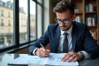 Jeune analyste financier &agrave; Paris examine un rapport