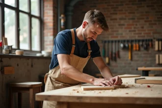 Apprenti menuisier évaluant la qualité d'un assemblage en bois lors d'une formation professionnelle en menuiserie