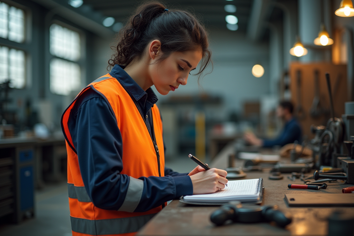 Femme apprentie écrivant dans un atelier industriel