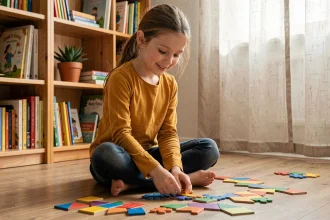 Jeune fille concentrée sur un puzzle éducatif dans un espace d'apprentissage alternatif à domicile, signe de bien-être et d'épanouissement