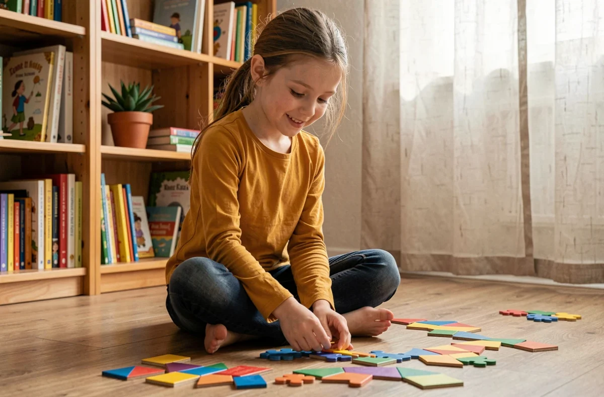 Jeune fille concentrée sur un puzzle éducatif dans un espace d'apprentissage alternatif à domicile, signe de bien-être et d'épanouissement