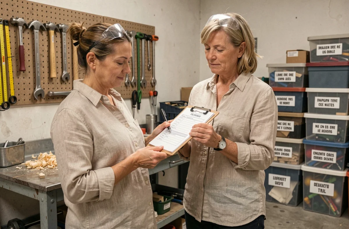 Femme dans un atelier de bricolage bien organisé consultant une liste de vérification avant de s'inscrire à une certification bricolage