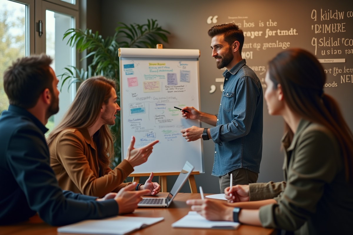 Groupe divers en atelier avec coach dans une salle chaleureuse