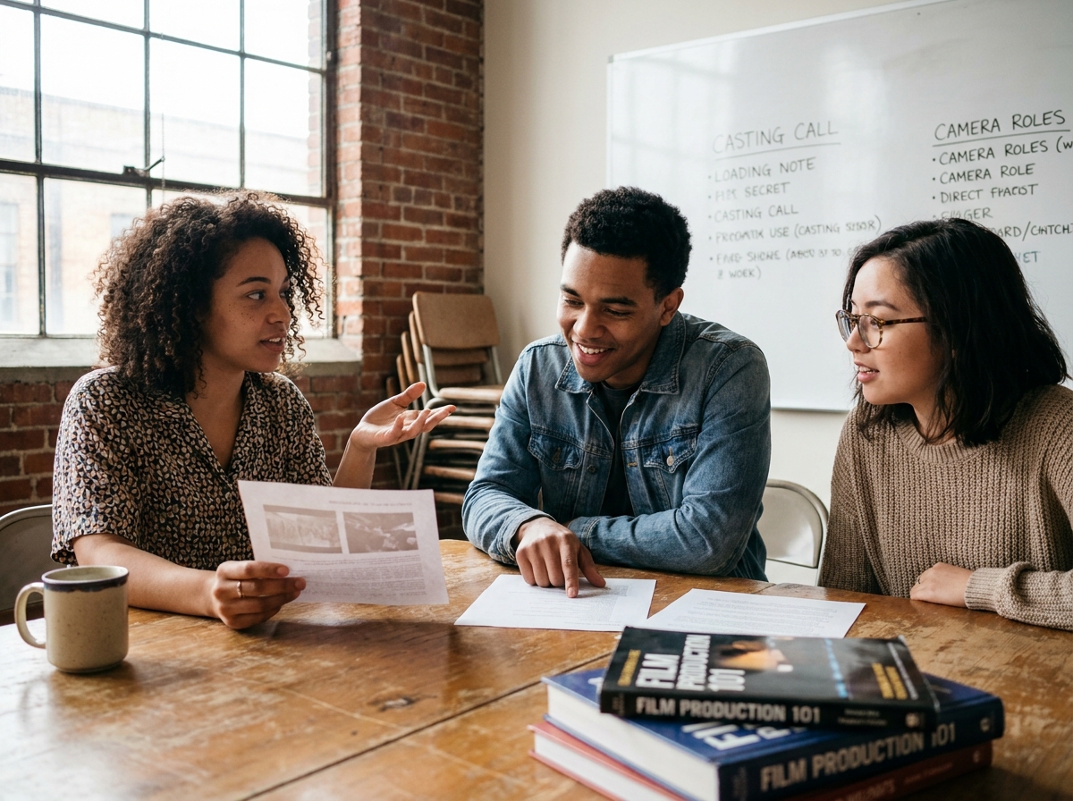 Groupe de jeunes adultes en atelier collaboratif de formation aux métiers du cinéma dans un espace communautaire