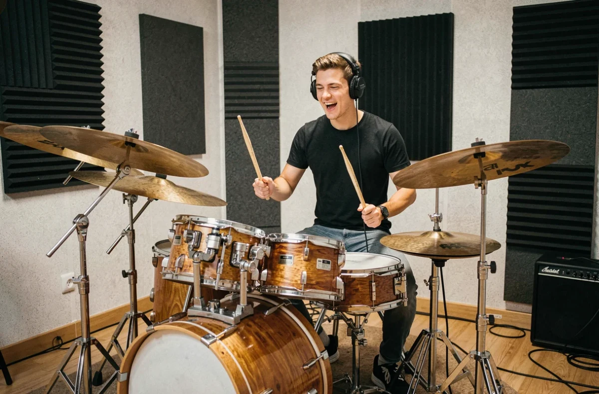 Un batteur en pleine répétition dans une salle insonorisée de BAM - École de musique à Montpellier