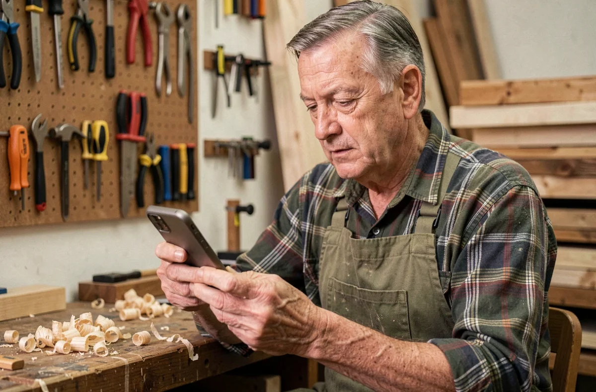Bricoleur expérimenté lisant les étapes d'inscription à LeLabDuBricoleur sur son smartphone dans un atelier de menuiserie