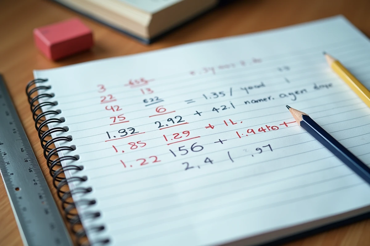 Cahier d'exercices ouvert avec des calculs de nombres décimaux corrigés au stylo rouge, matériel scolaire sur table en bois