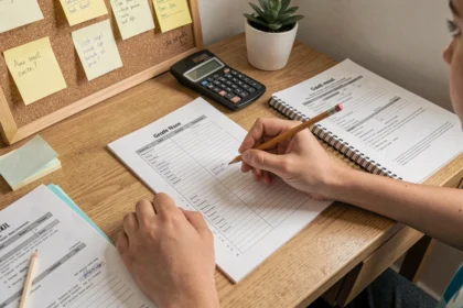 Élève calculant sa moyenne de contrôle continu pour le brevet sur une feuille de notes entourée de cahiers et d'une calculatrice