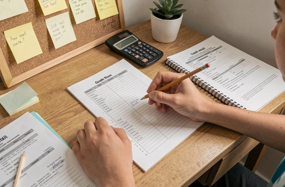 Élève calculant sa moyenne de contrôle continu pour le brevet sur une feuille de notes entourée de cahiers et d'une calculatrice