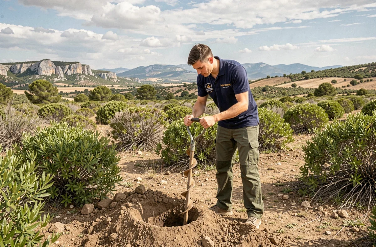Étudiant de Campus Terre et Nature collectant des échantillons de sol dans un paysage naturel méditerranéen de l'Aude