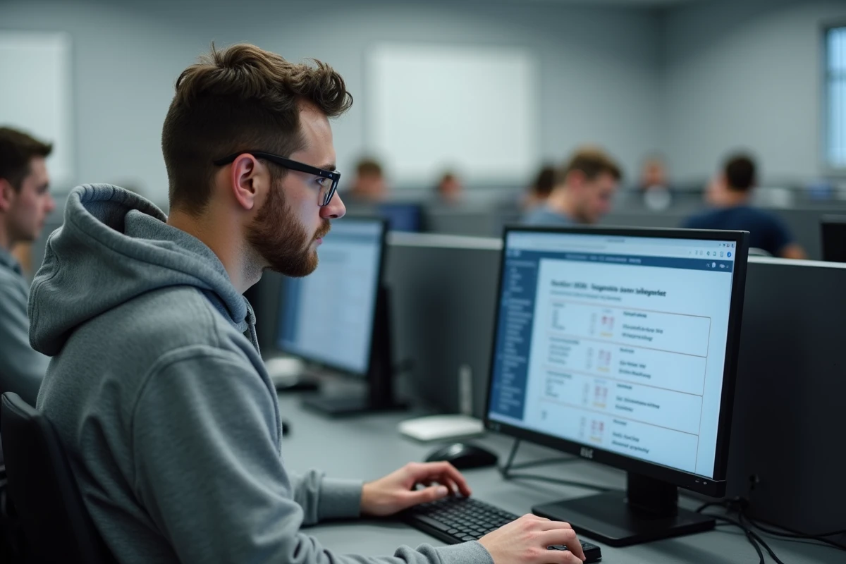 Candidat passant le test théorique CACES 1 et 3 en ligne sur ordinateur dans un centre de formation professionnelle