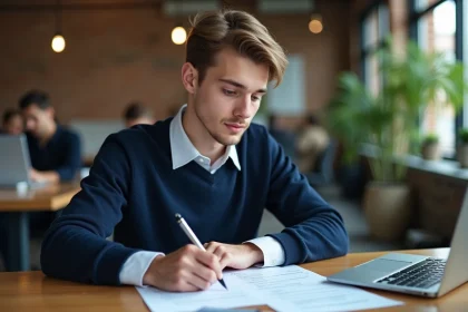 Jeune développeur web en alternance préparant sa candidature sur un ordinateur portable dans un espace de coworking moderne