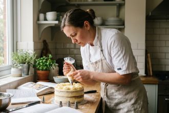 Femme se préparant seule au CAP pâtisserie en candidat libre, pochant un gâteau dans une cuisine domestique avec ses fiches de révision