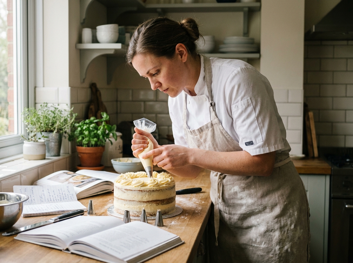 Femme se préparant seule au CAP pâtisserie en candidat libre, pochant un gâteau dans une cuisine domestique avec ses fiches de révision