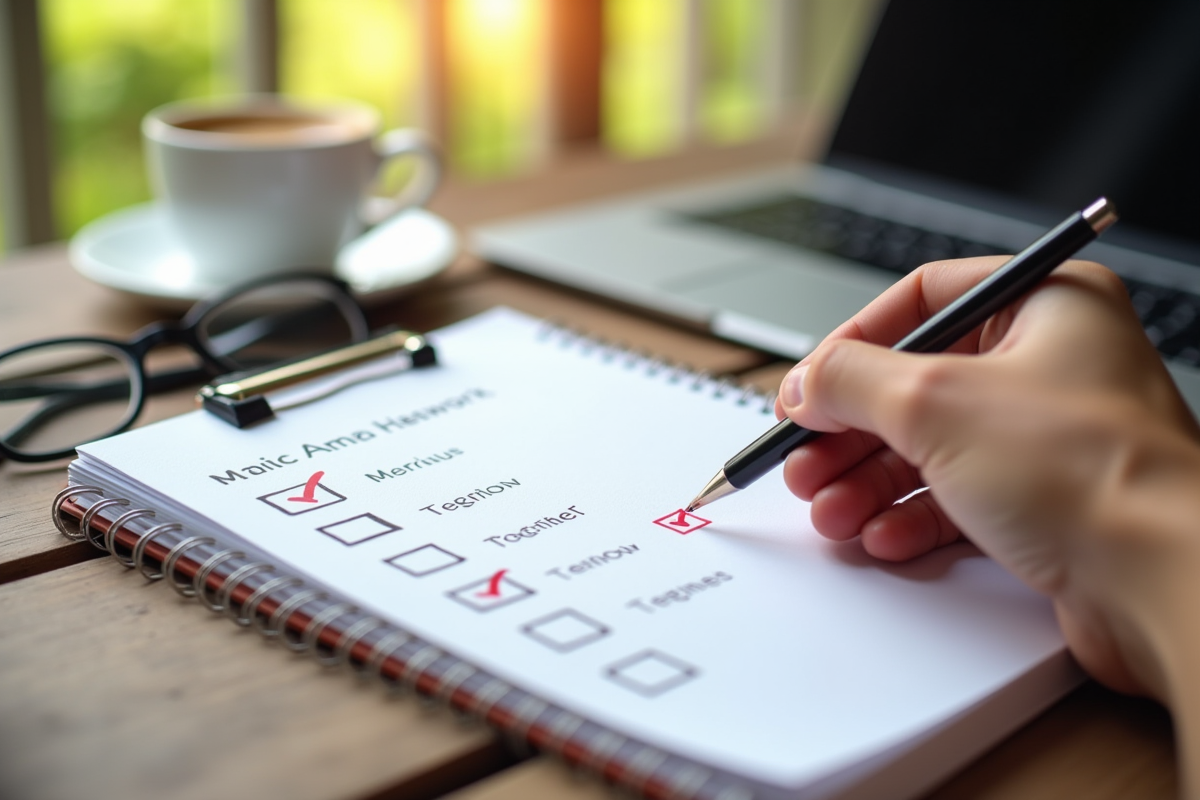 Carnet ouvert avec checklist cochée sur bureau en plein air