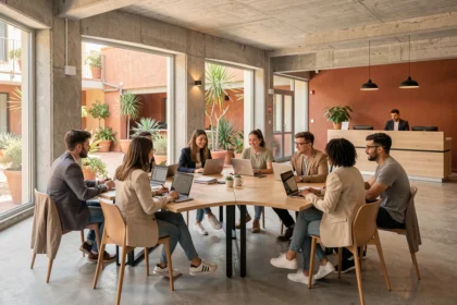 Étudiants dans un centre de formation de l'Aude, collaborant autour de tables modernes dans un hall contemporain