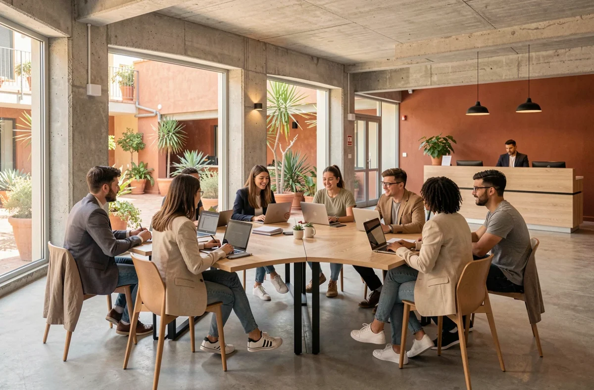 Étudiants dans un centre de formation de l'Aude, collaborant autour de tables modernes dans un hall contemporain