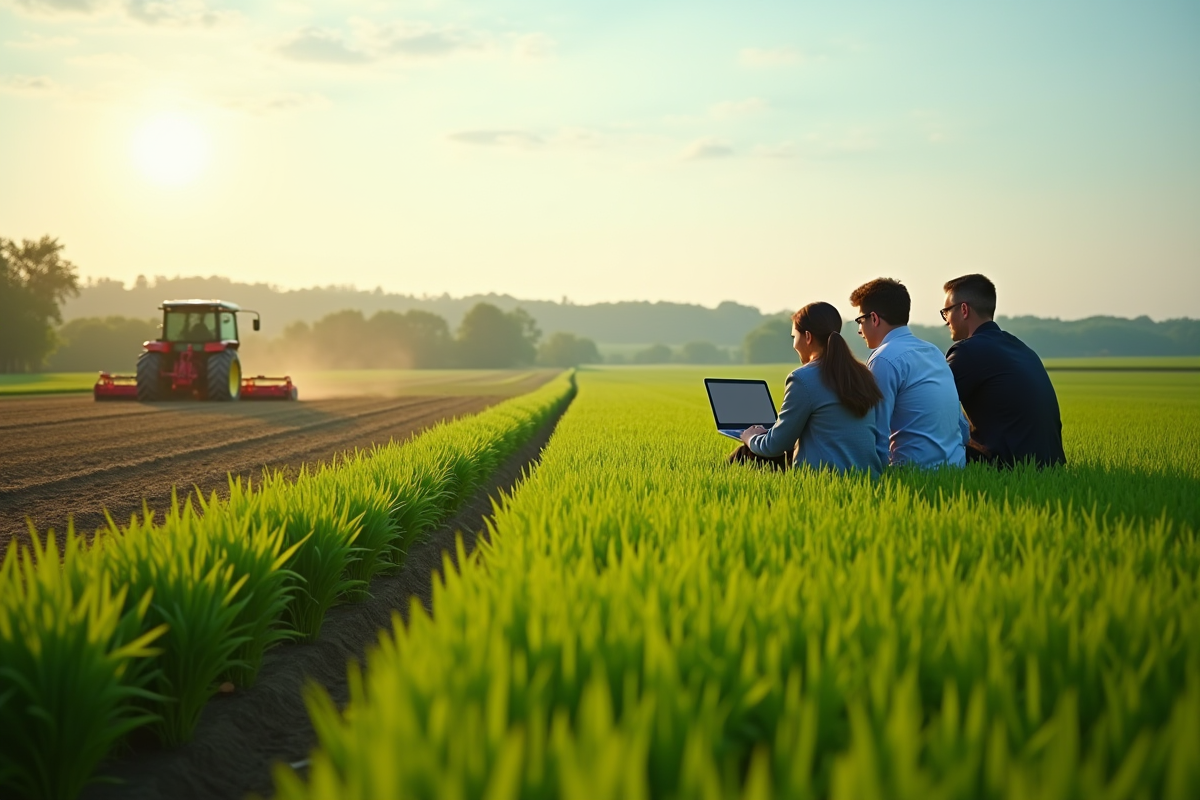 Agriculteur travaillant dans un champ vert avec un groupe en réunion extérieure