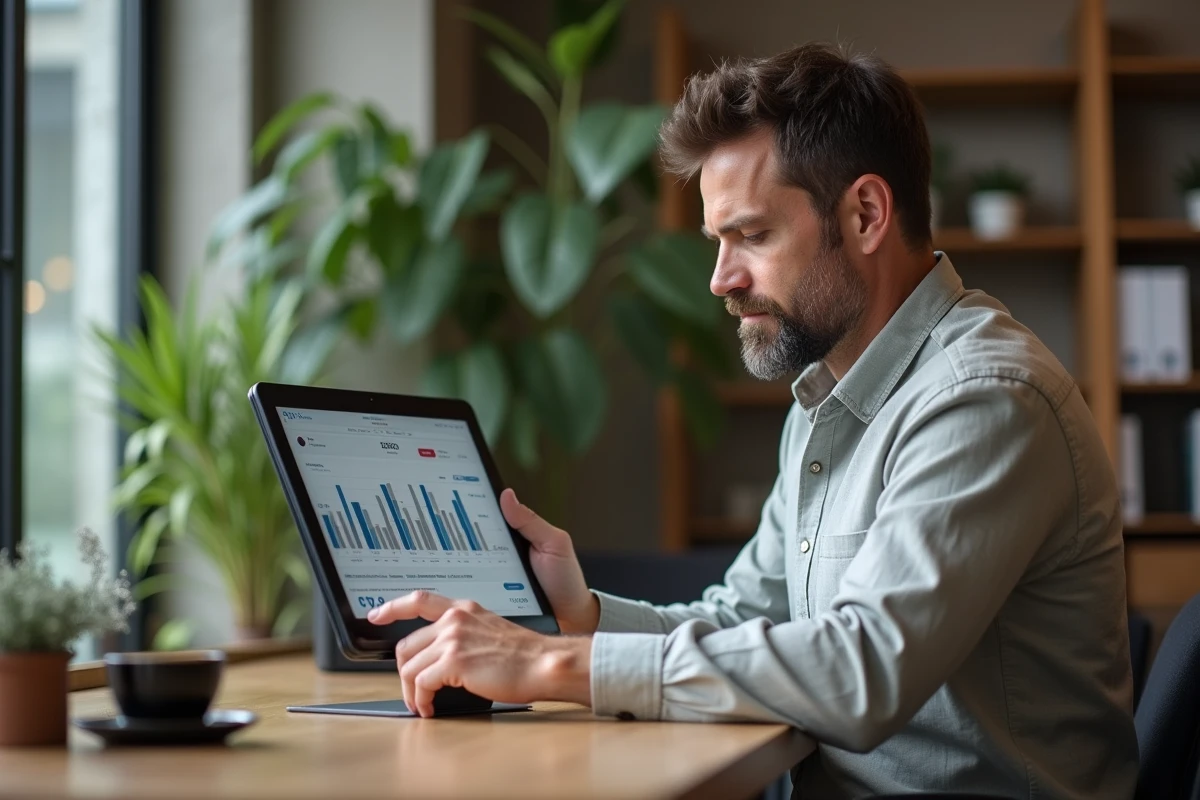 Chef d'entreprise consultant un rapport d'audit d'utilisation ELGEAWEB sur tablette dans un espace de co-working