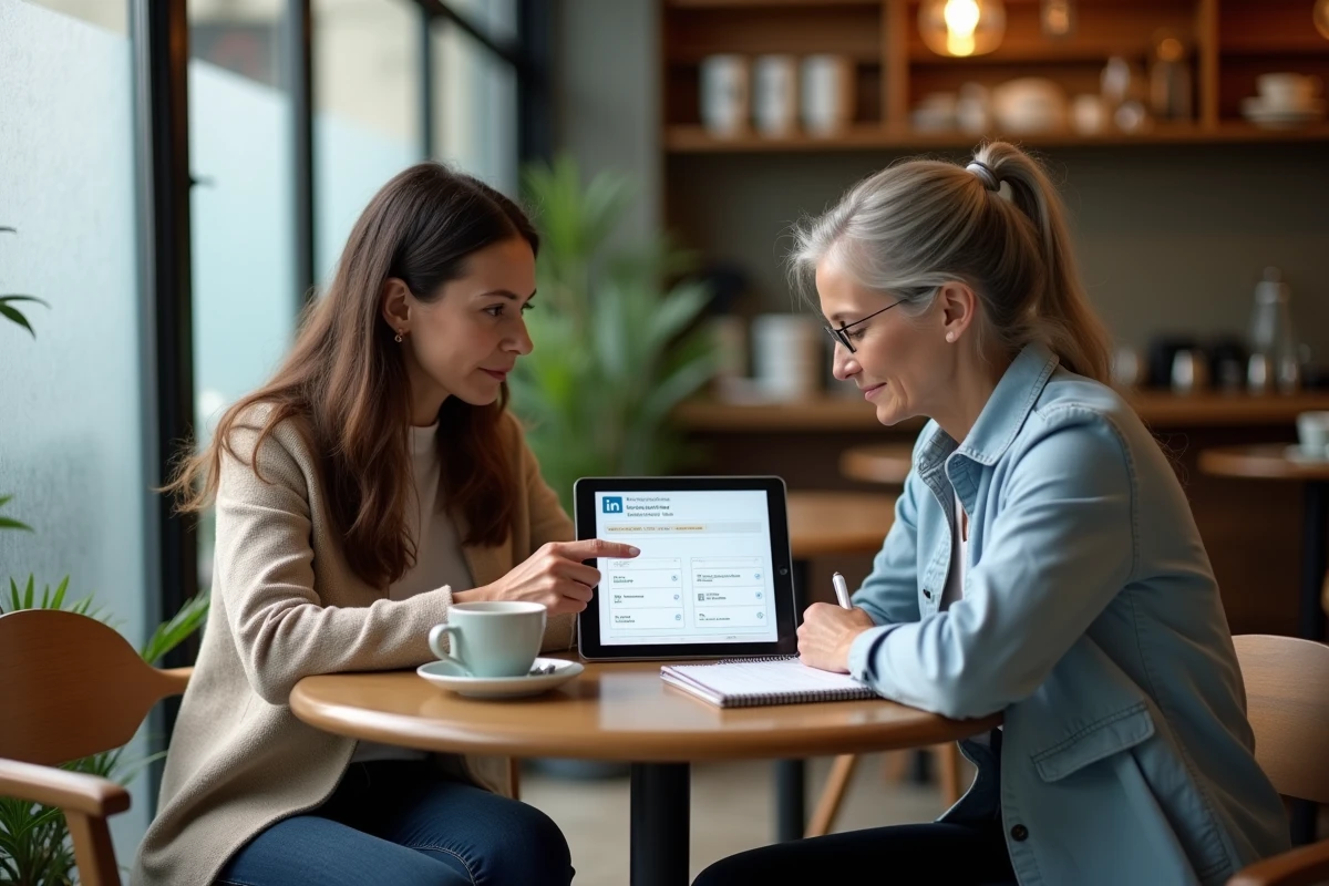 Deux femmes professionnelles en réunion dans un café discutant d'une checklist d'optimisation de profil LinkedIn sur tablette, session de coaching informel avant formation