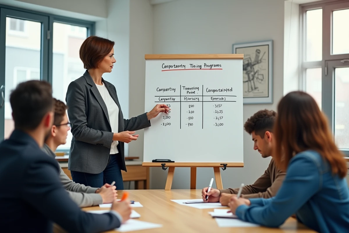 Formatrice en menuiserie présentant une comparaison de prix de formations dans une salle de cours professionnelle