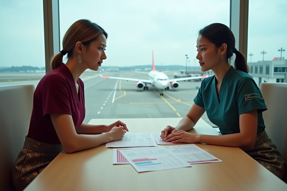 Deux hôtesses de l'air de compagnies française et étrangère comparant leurs fiches de salaire dans un salon d'aéroport