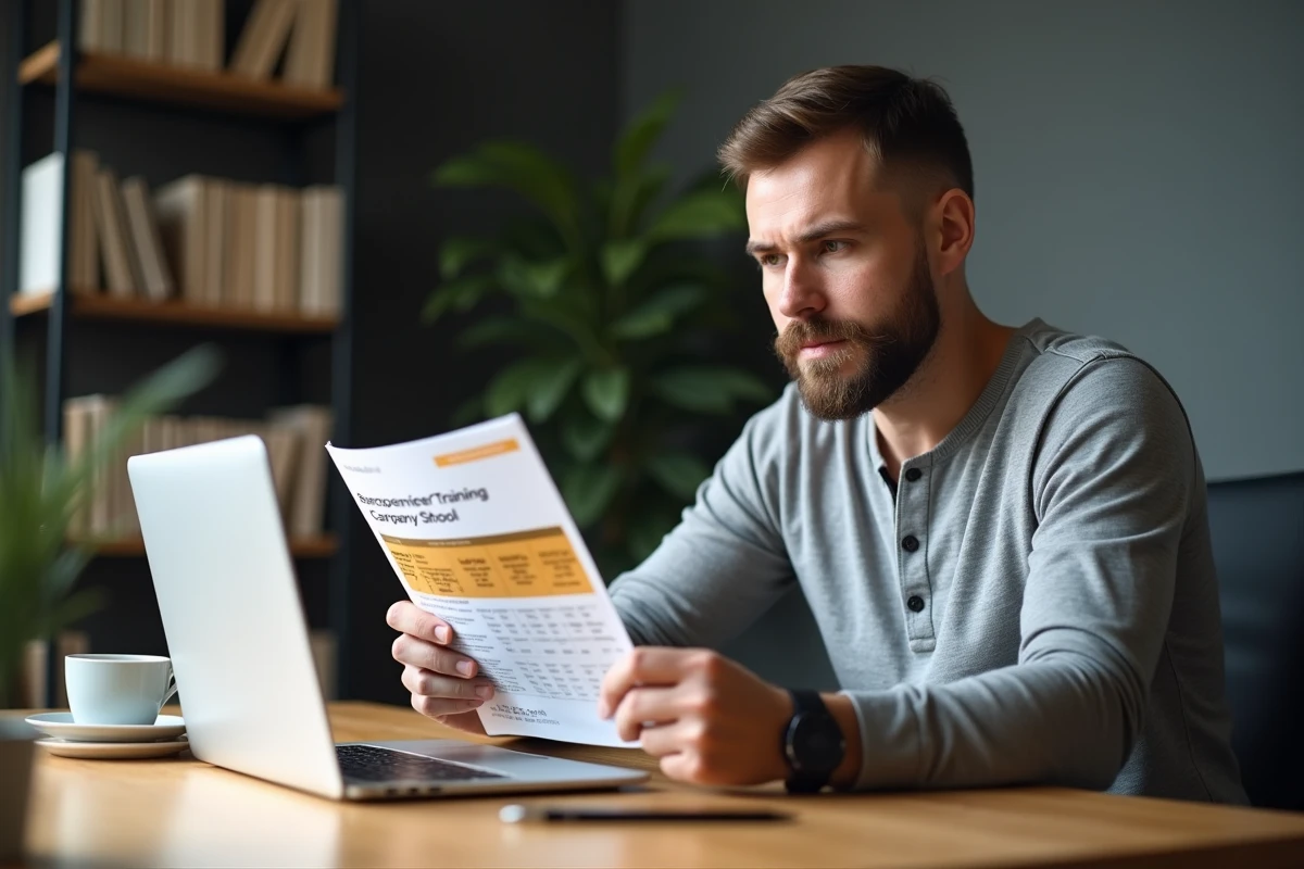 Homme comparant les tarifs de formations en menuiserie en ligne depuis son bureau à domicile