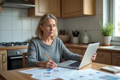Femme comparant des devis de travaux sur ordinateur portable et documents imprimés dans une cuisine modeste