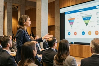 Présentatrice lors d'une conférence marketing digitale à Paris devant un écran de données stratégiques
