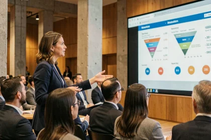 Présentatrice lors d'une conférence marketing digitale à Paris devant un écran de données stratégiques