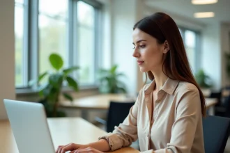 Femme utilisant son compte académique Versailles sur un ordinateur portable dans un bureau moderne