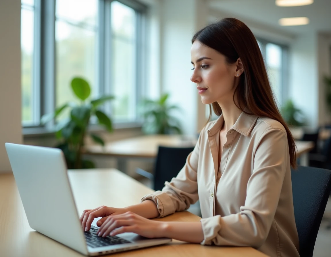 Femme utilisant son compte académique Versailles sur un ordinateur portable dans un bureau moderne