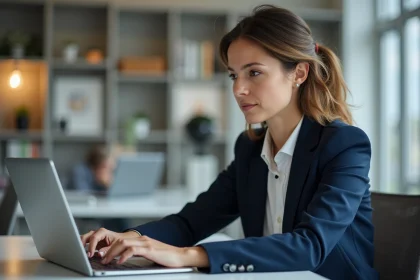 Femme connectée à la plateforme MÈTIS AFPA sur un ordinateur portable dans un bureau moderne