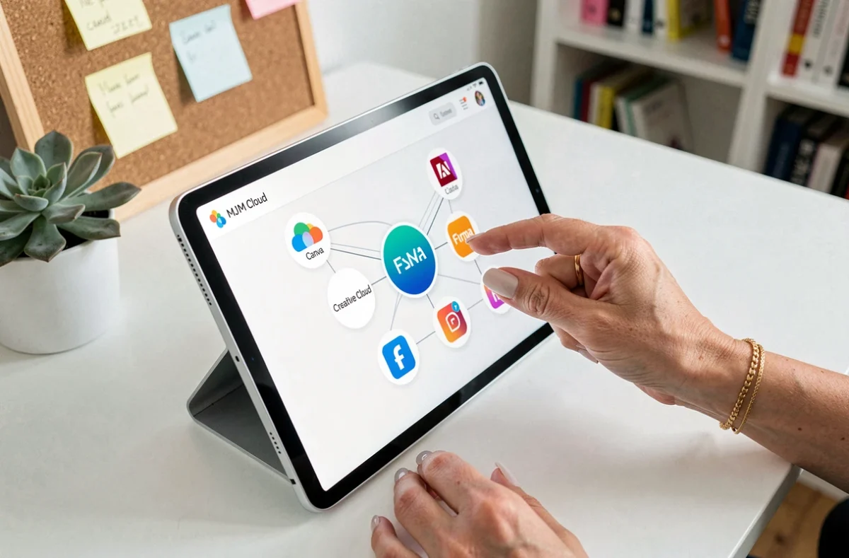 Mains connectant visuellement MJM Cloud à Adobe, Canva et Figma sur une tablette tactile dans un bureau à domicile