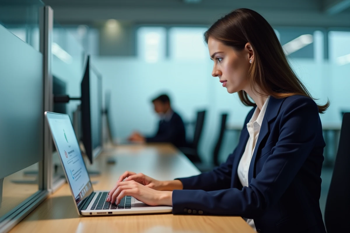 Femme professionnelle se connectant au portail métier sur un ordinateur portable dans un bureau moderne