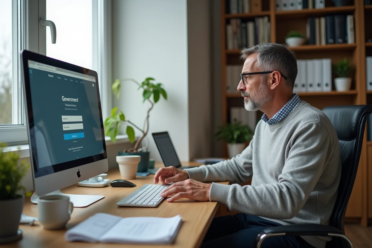 Homme en télétravail tentant de se connecter à un portail professionnel depuis son bureau à domicile