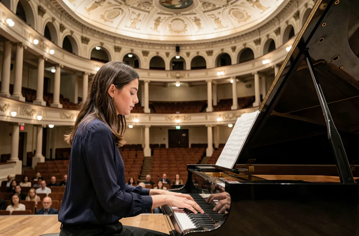 Une pianiste en récital dans la grande salle du Conservatoire à rayonnement régional de Montpellier