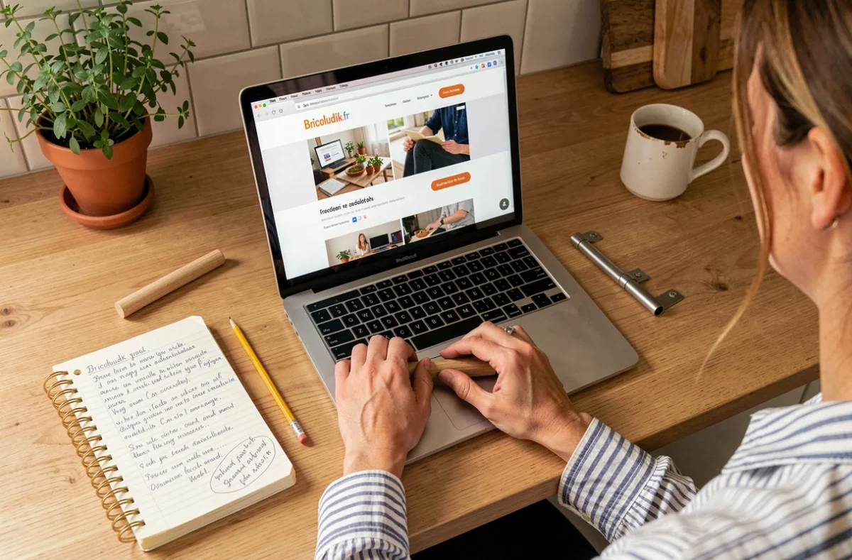 Femme consultant le site Bricoludik.fr sur un ordinateur portable pour préparer un stage de bricolage en ligne