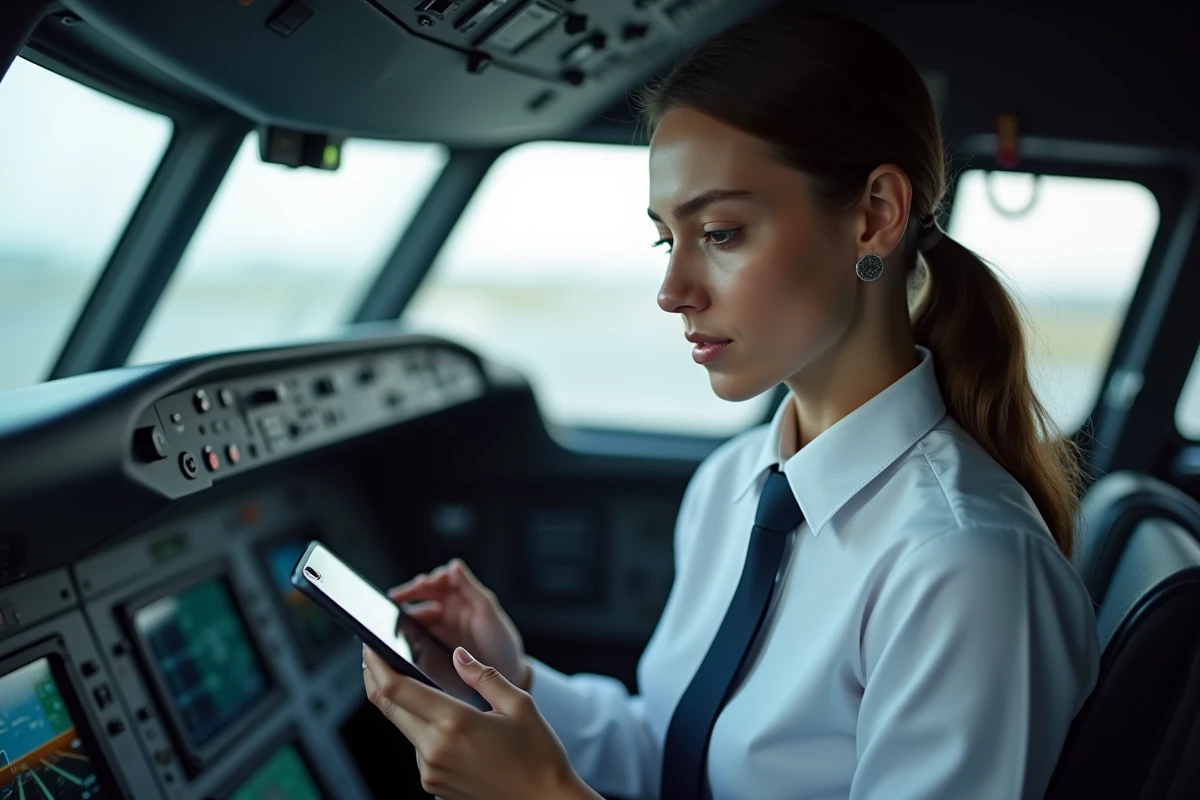 Jeune copilote examinant une tablette dans le cockpit