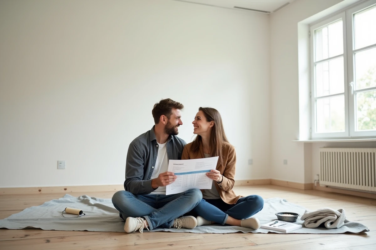 Jeune couple vérifiant leur budget de rénovation dans un salon fraîchement peint avec documents imprimés