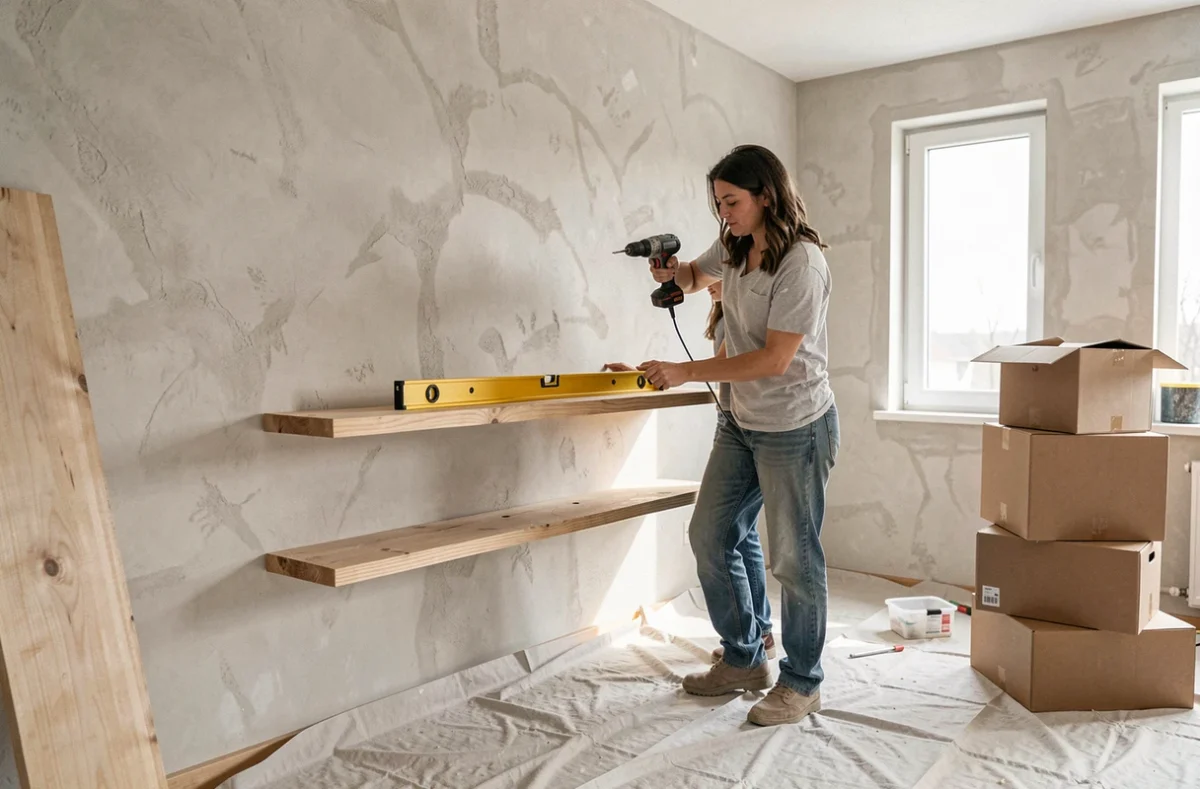 Couple installant une étagère murale en bois dans un appartement en rénovation grâce aux compétences acquises en formation bricolage CPF