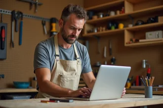 Homme suivant un cours de bricolage en ligne sur un ordinateur portable dans un atelier à domicile avec des outils accrochés au mur
