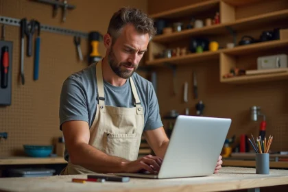 Homme suivant un cours de bricolage en ligne sur un ordinateur portable dans un atelier à domicile avec des outils accrochés au mur