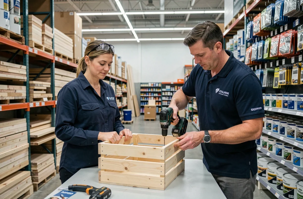 Cours de bricolage en magasin de grande surface avec une femme et un instructeur assemblant une caisse en bois