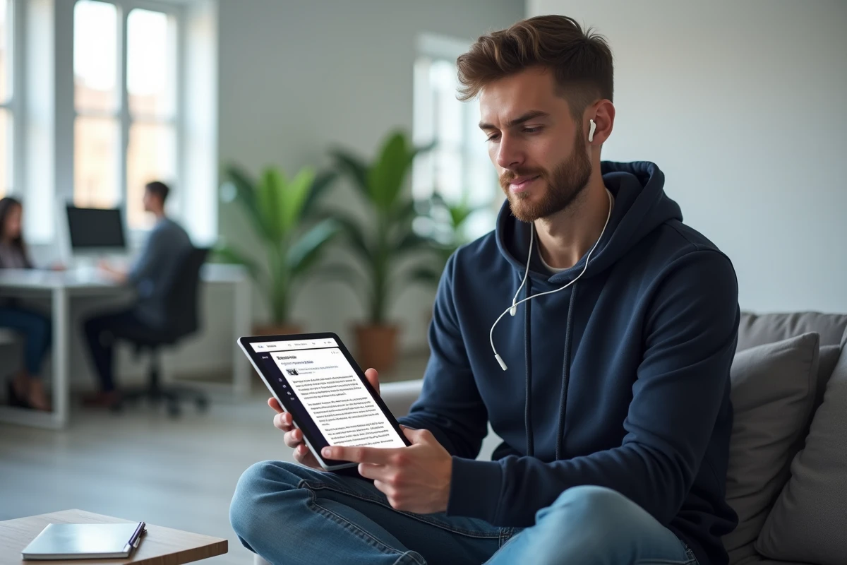 Créateur de contenu indépendant utilisant un outil de newsletter sur tablette dans un espace de coworking