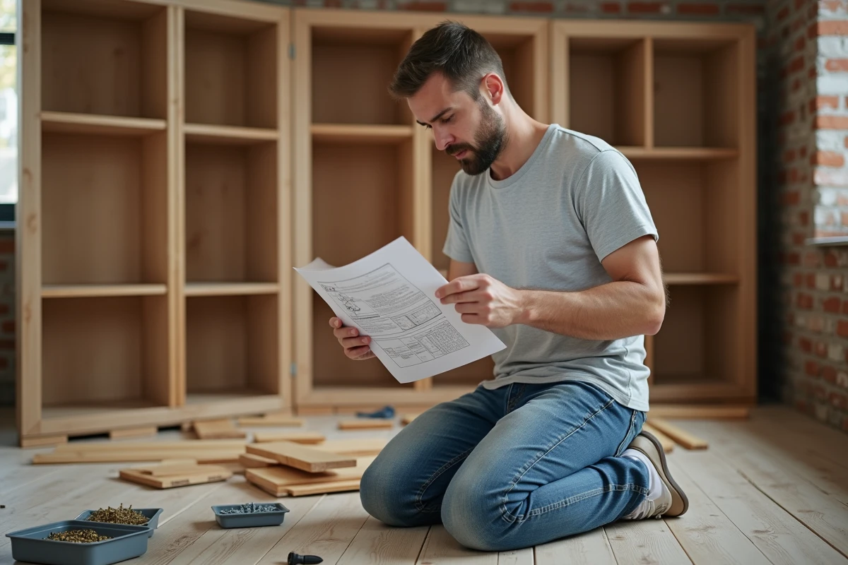Débutant en bricolage assemblant une étagère en bois en consultant les instructions sur le sol d'un salon